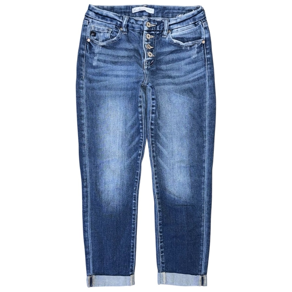 KanCan Mid Rise Button Fly Boyfriend Jeans Sz 25 Dark Sandblasted Wash Maurices